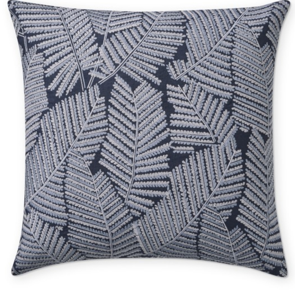 Williams Sonoma Modern Fern 20" Linen Embroidered Pillow Cover Navy Blue